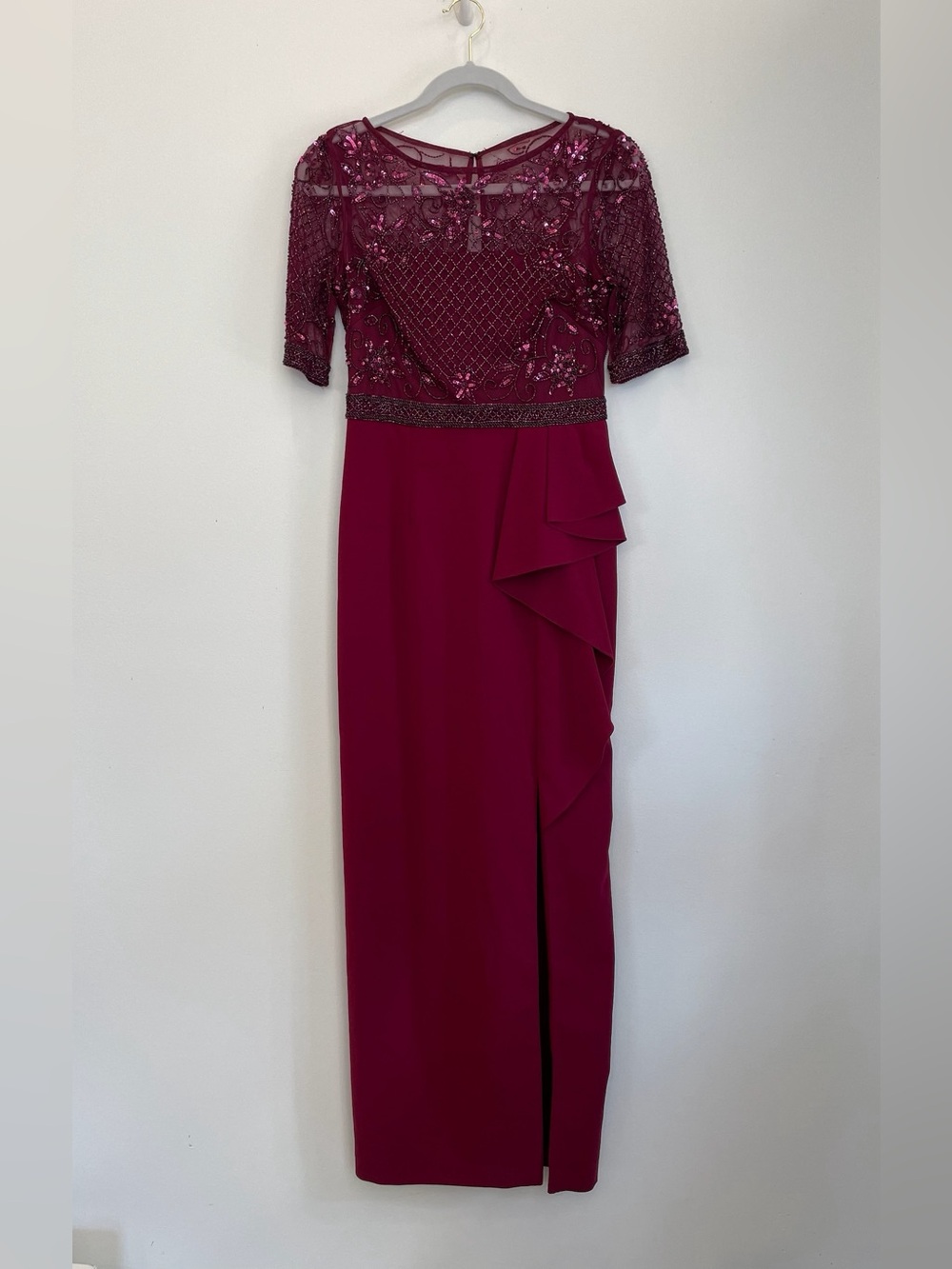Adrianna Papell Embellished Berry Evening Dress with Sheer Beaded Bodice